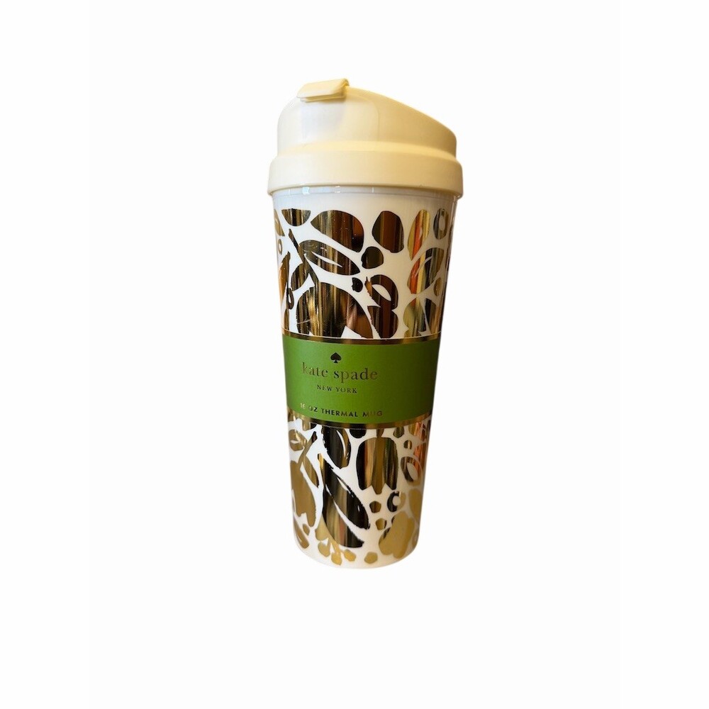 Kate Spade New York Thermal Travel Mug 16 oz Gold Cream Floral Flip Lid